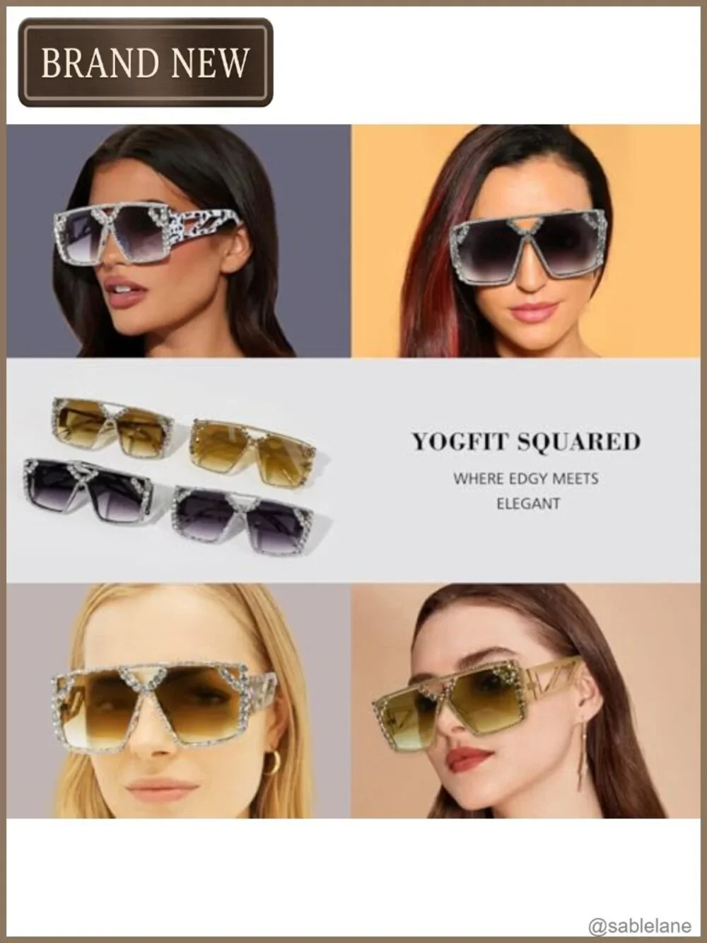 Oversized Square Rhinestone Sunglasses UV400 Protection